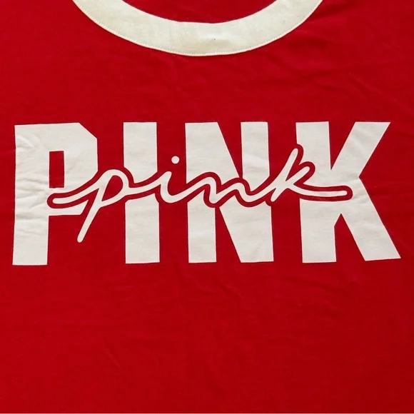 Victoria's Secret PINK Red White Short Sleeve Campus Ringer Tee Shirt Size Large - Picture 3 of 9